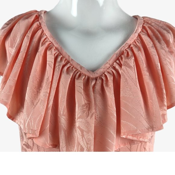 Vintage 1980s Shell Pink Tea Dress Floral Damask Ruffle Neckline Open Tie Back M - Picture 4 of 16